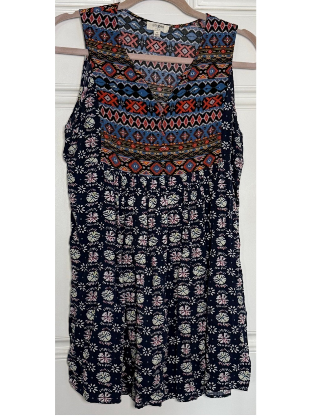 Umgee Boho Aztec Printed Peasant Mini Dress Navy Blue Geometric Floral Size M